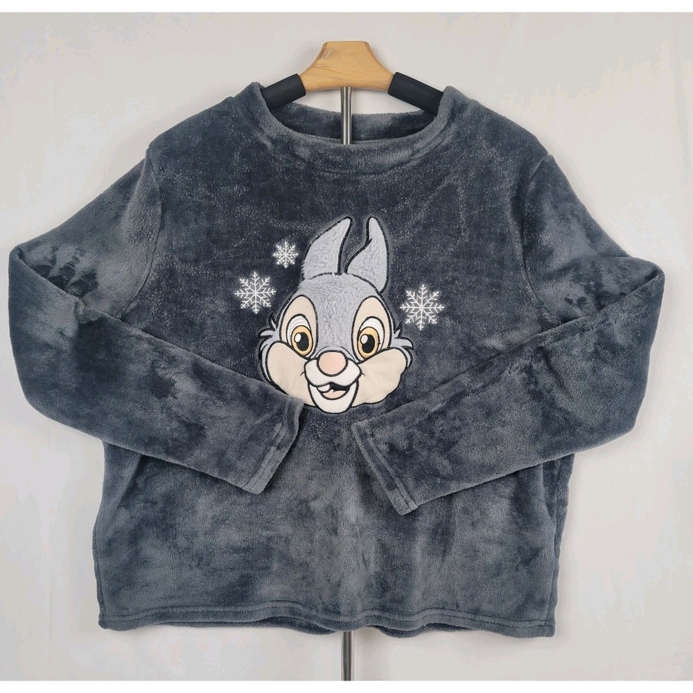 DISNEY 100 Womens XL Fuzzy Thumper Bambi Gray Fleece Pullover Cozy  Sleepwear